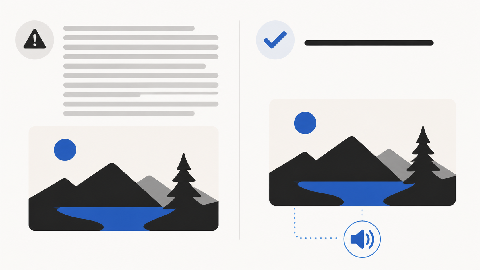 Illustration comparing cluttered keyword-style alt text with one clear image description for screen readers.