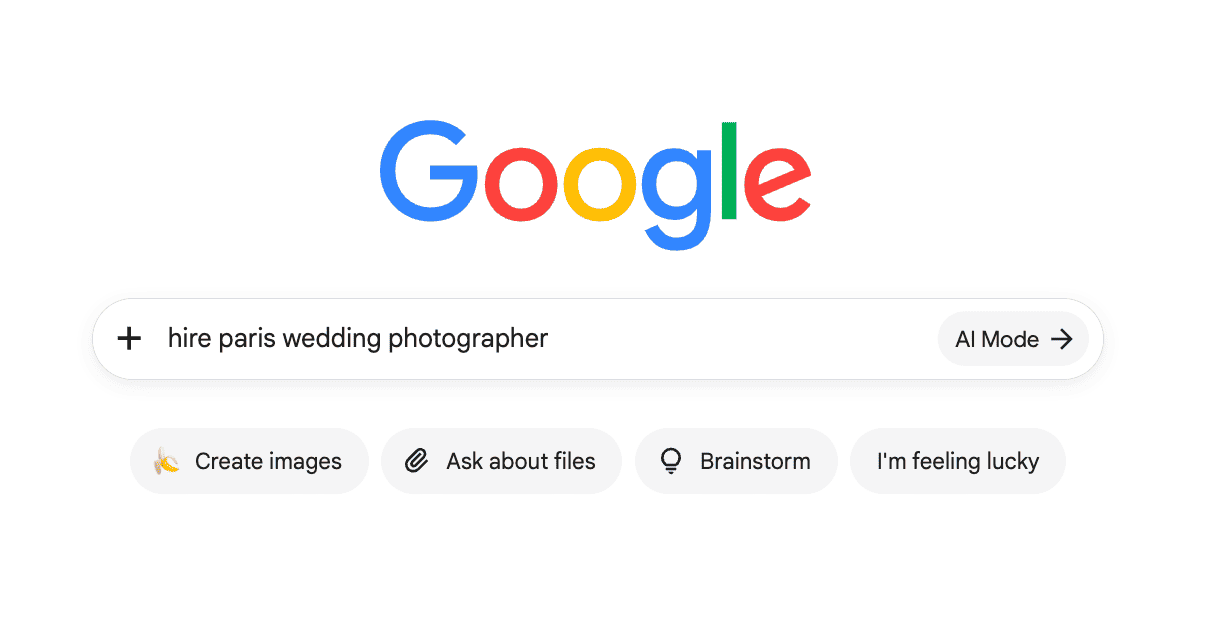 Google search page with ‘hire paris wedding photographer’ entered in the search field.
